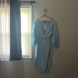 Boohoo Pale Blue Wrap Midi Dress with Puff Sleeves